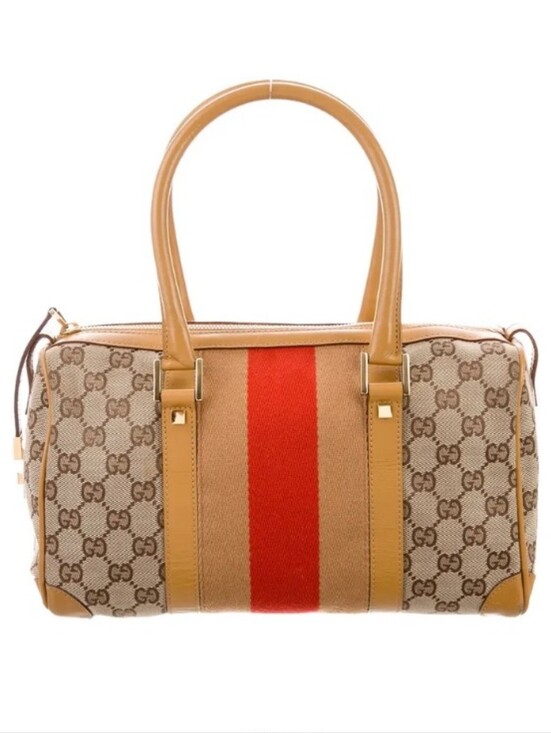 Gucci Handbags - Gucci Beige GG Canvas Shoulder Bag with Red Center Stripe and Tan Trim